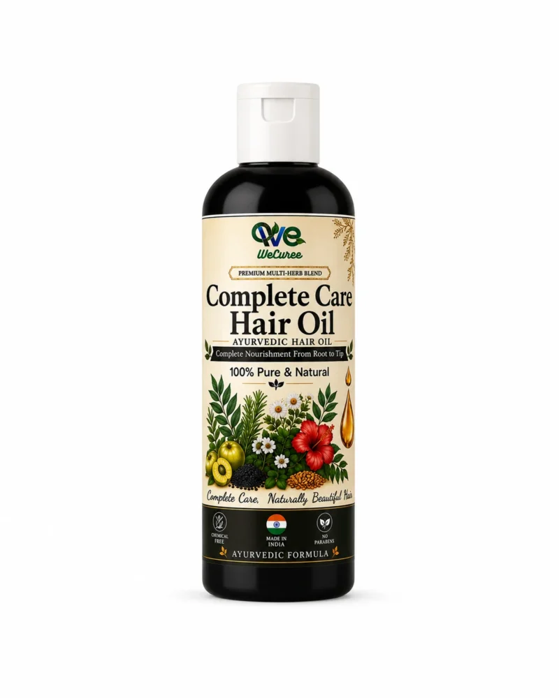 WeCuree Complete Care Blend bottle - amla, black seed, bhringraj, brahmi, curry leaf, fenugreek, hibiscus and rosemary hair oil