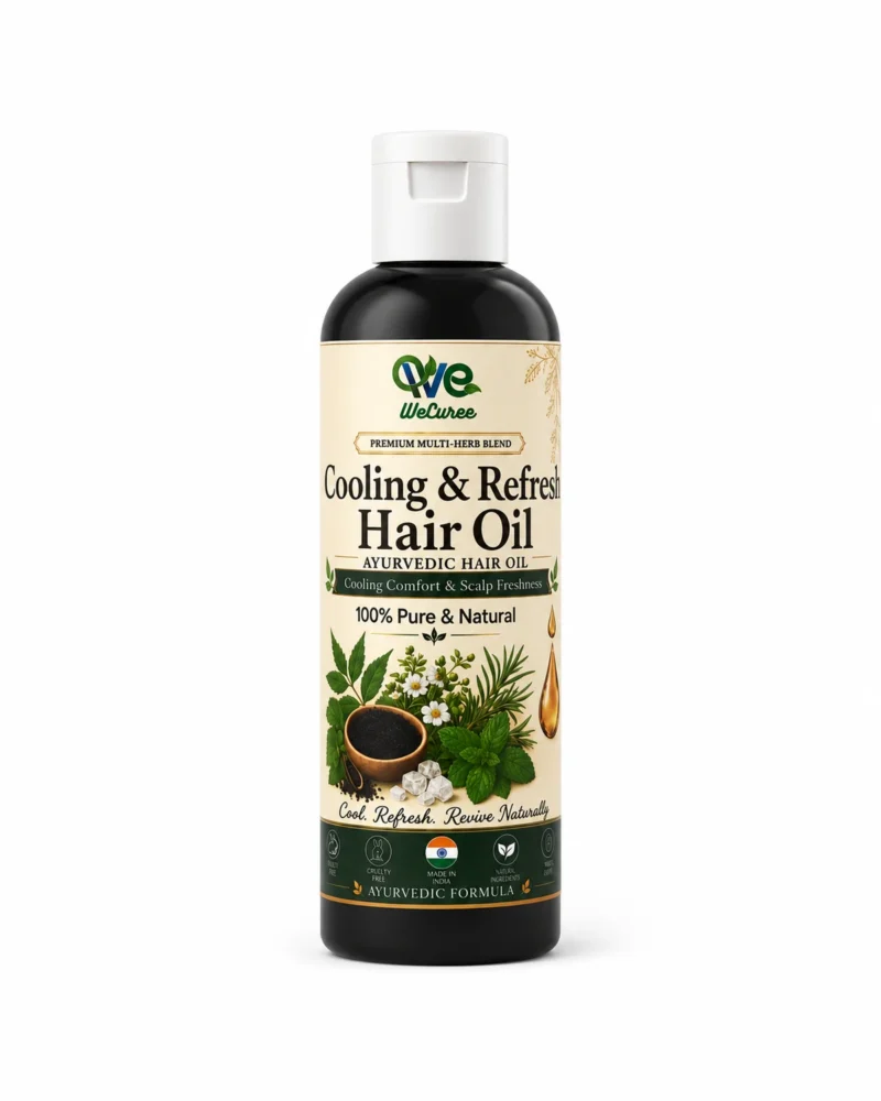 WeCuree Cooling & Refresh Blend bottle - black seed, brahmi, camphor and neem hair oil