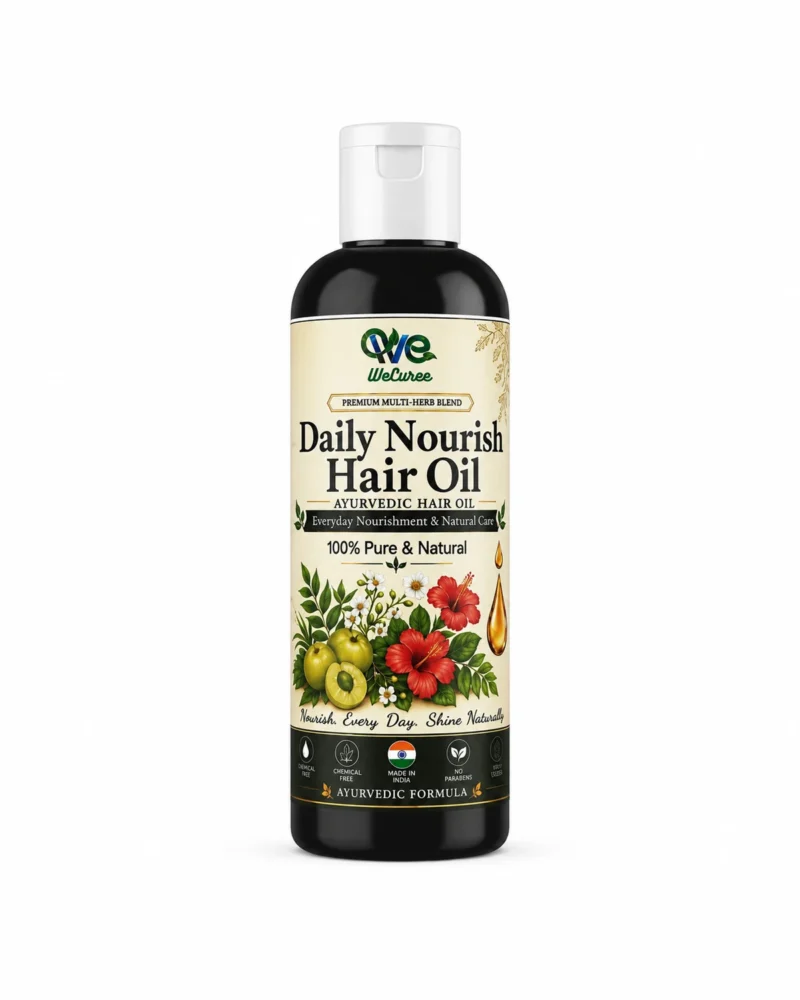 WeCuree Daily Nourish Blend bottle - amla, brahmi, curry leaf and hibiscus hair oil