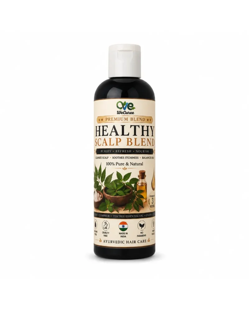 WeCuree Healthy Scalp Blend bottle - neem, black seed, clove and camphor hair oil