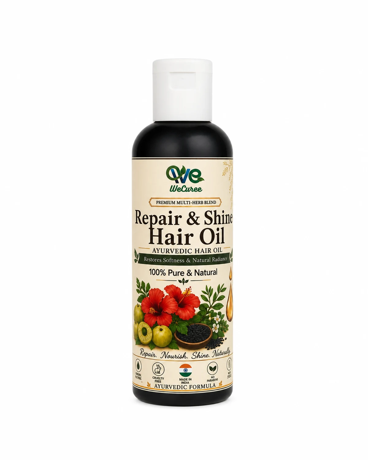 WeCuree Repair & Shine Blend bottle - amla, black seed, brahmi and hibiscus hair oil