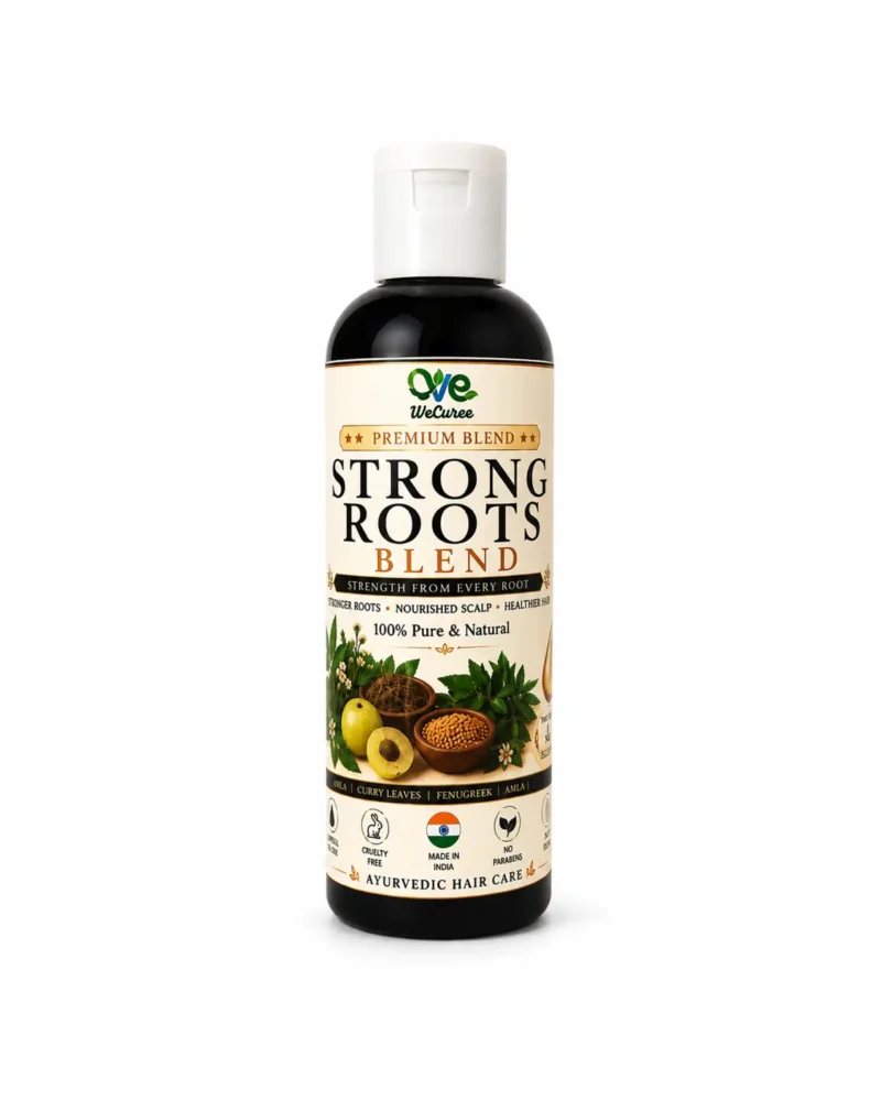 WeCuree Strong Roots Blend bottle - bhringraj, amla, curry leaf and fenugreek hair oil