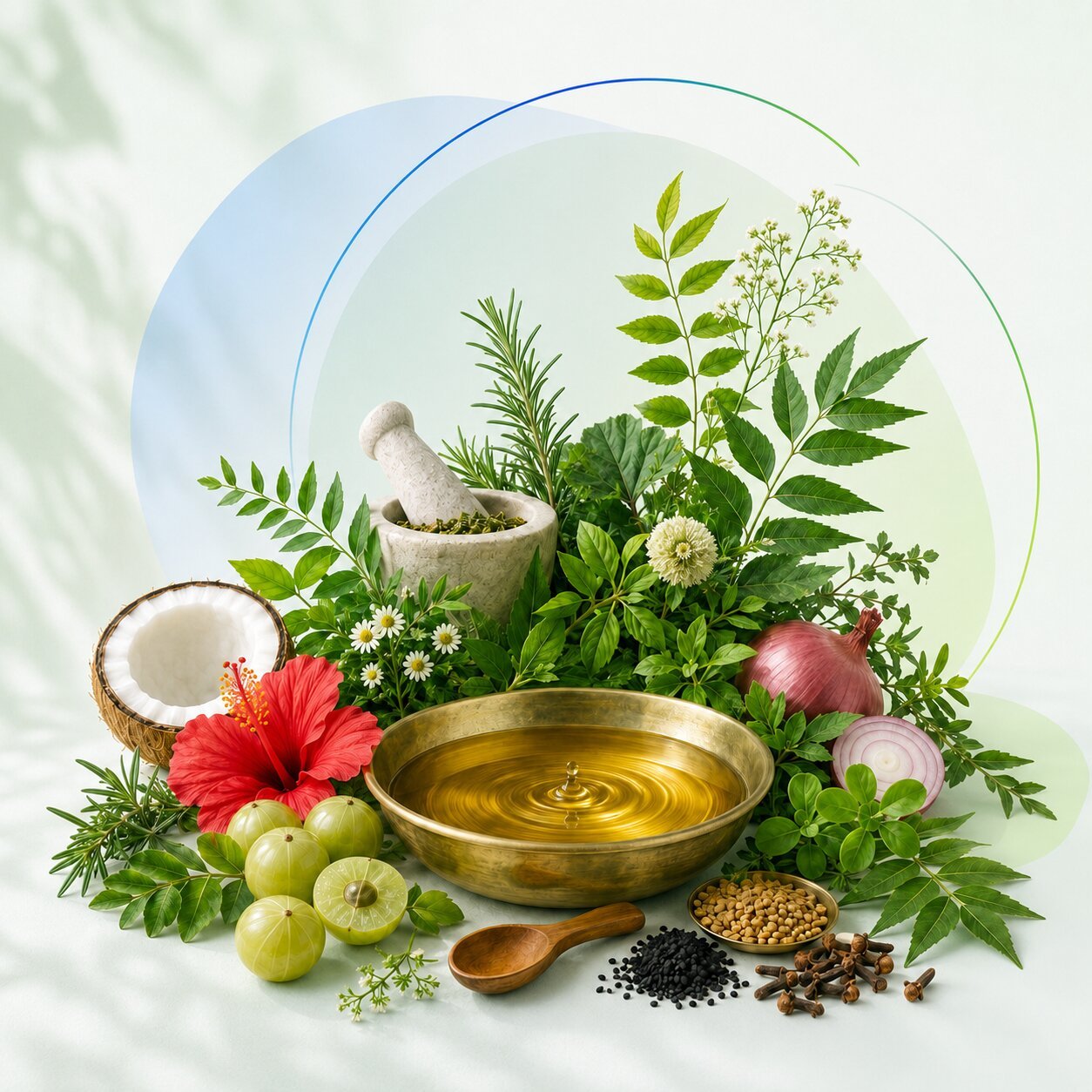 Ayurvedic herbs, flowers and a brass bowl of golden hair oil with a mortar and pestle